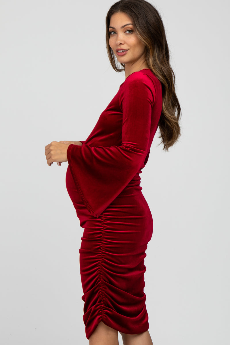 Red Velvet Ruched Bell Sleeve Maternity Dress – PinkBlush