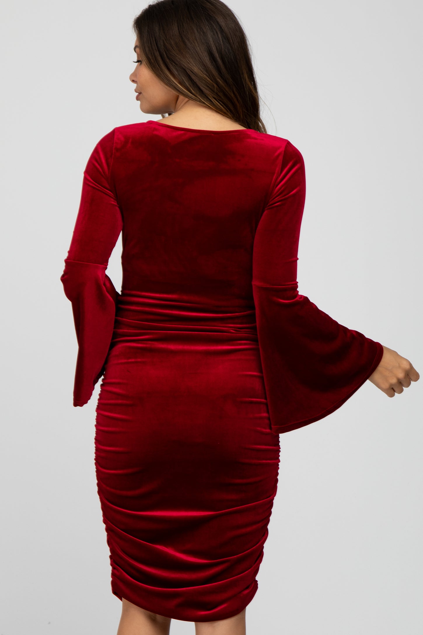 Red Velvet Ruched Bell Sleeve Maternity Dress PinkBlush Red Velvet Ruched Bell Sleeve Maternity Dress PinkBlush