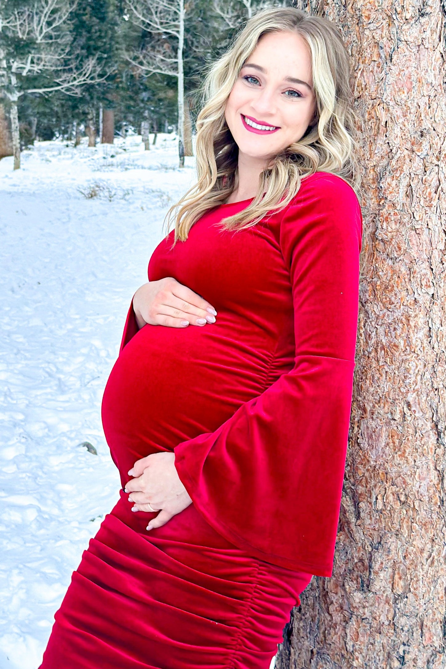 Red Velvet Ruched Bell Sleeve Maternity Dress PinkBlush Red Velvet Ruched Bell Sleeve Maternity Dress PinkBlush