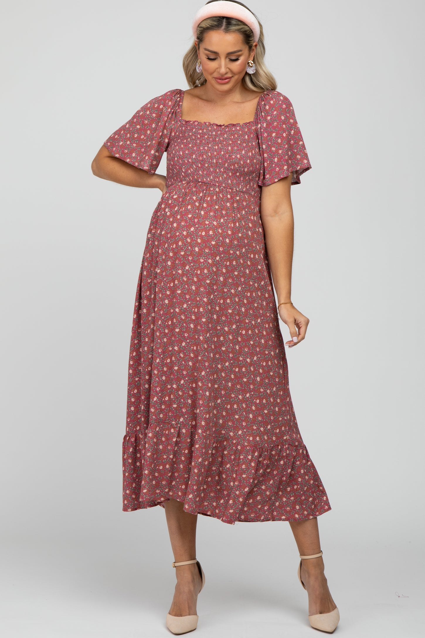 Mauve Floral Smocked Square Neck Maternity Midi Dress