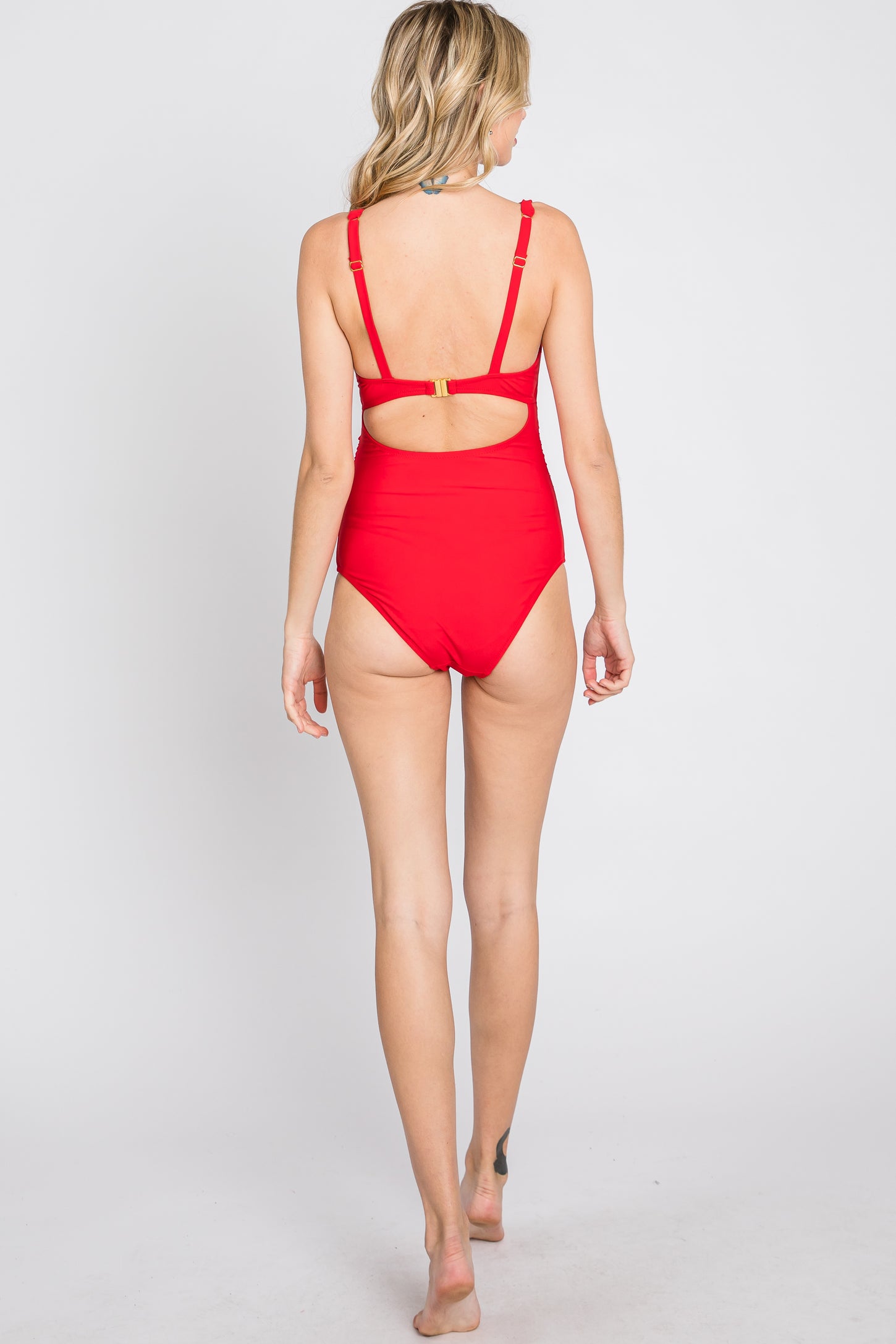 Red Ruched Sides Front Cutout One Piece Swimsuit
