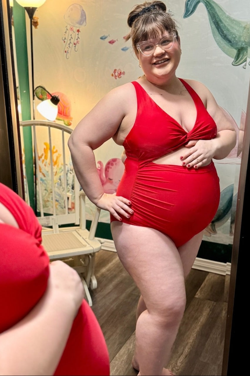 plus size red swim dress Red Ruched Sides Front Cutout One Piece Swimsuit Medium