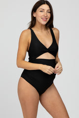 Black Ruched Sides Front Cutout Maternity One Piece Swimsuit