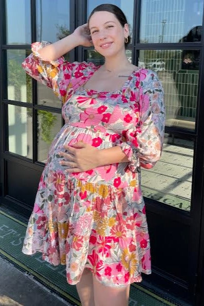 Pink Floral 3/4 Sleeve Tiered Maternity Dress