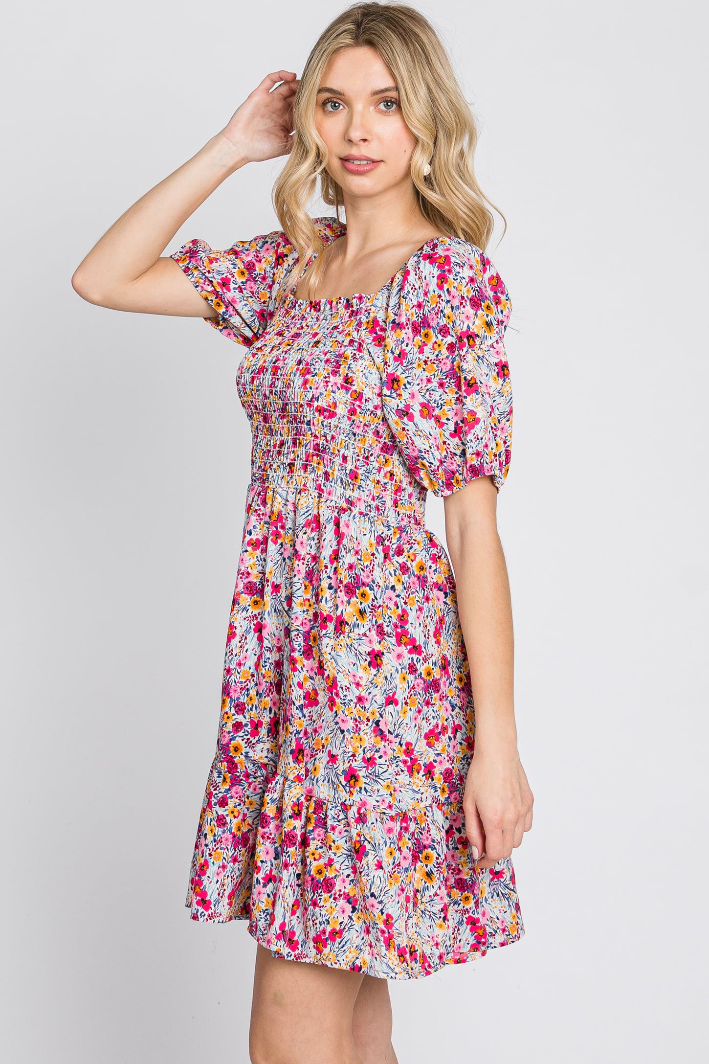 Fuchsia Floral Smocked Mini Dress