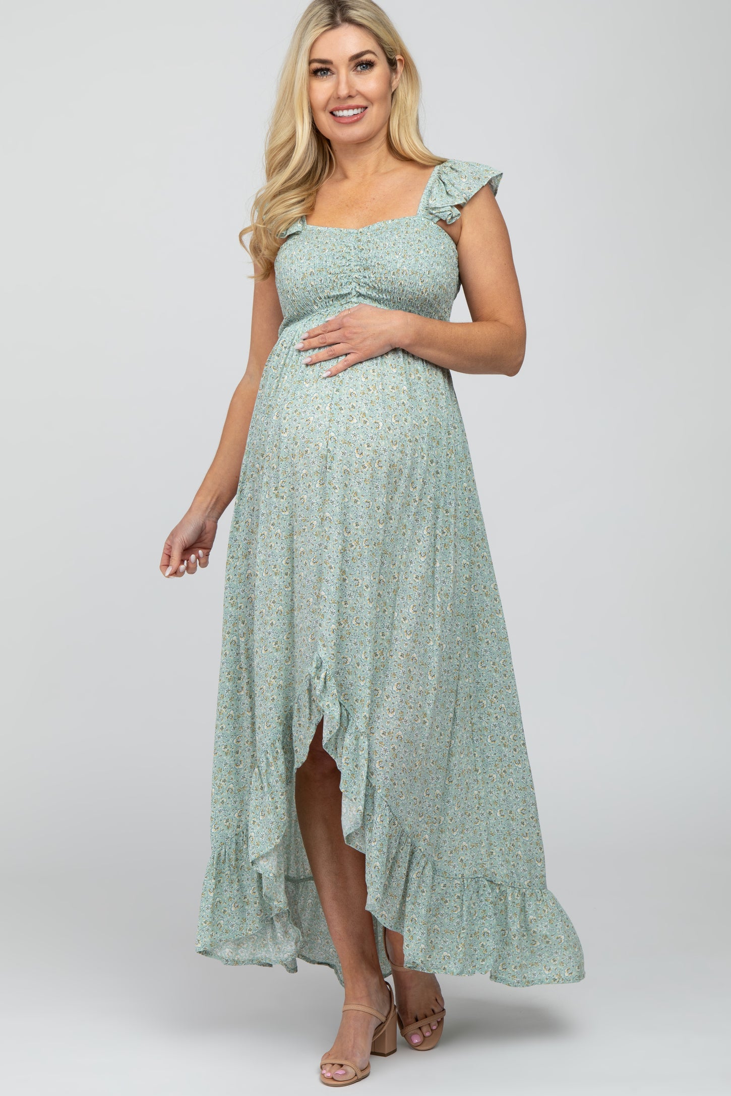 Sage Floral Smocked Hi-Low Maternity Maxi Dress PinkBlush Sage Floral Smocked Hi-Low Maternity Maxi Dress PinkBlush