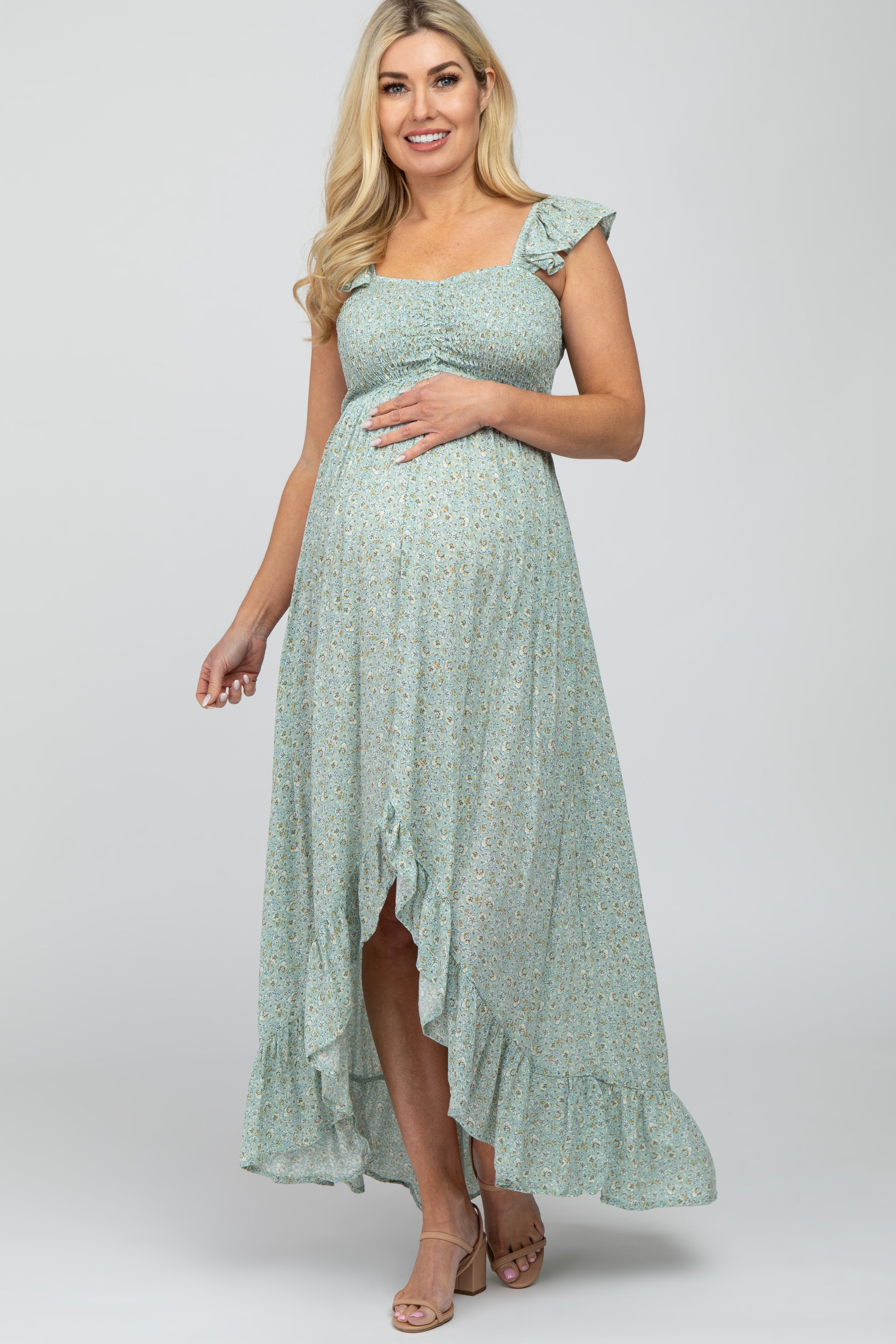 Sage Floral Smocked Hi-Low Maternity Maxi Dress Sage Floral Smocked Hi-Low Maternity Maxi Dress