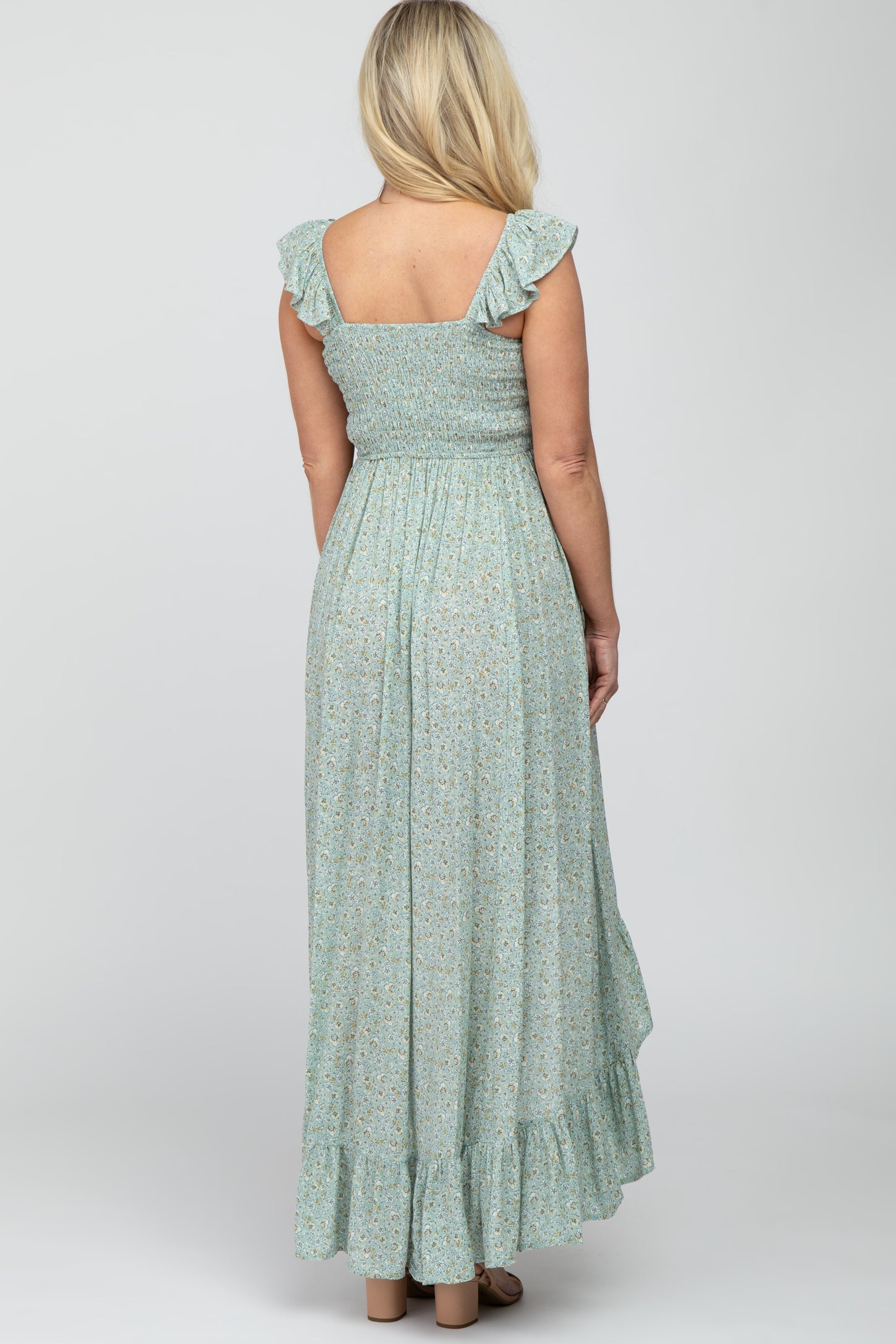 Sage Floral Smocked Hi-Low Maternity Maxi Dress PinkBlush Sage Floral Smocked Hi-Low Maternity Maxi Dress PinkBlush