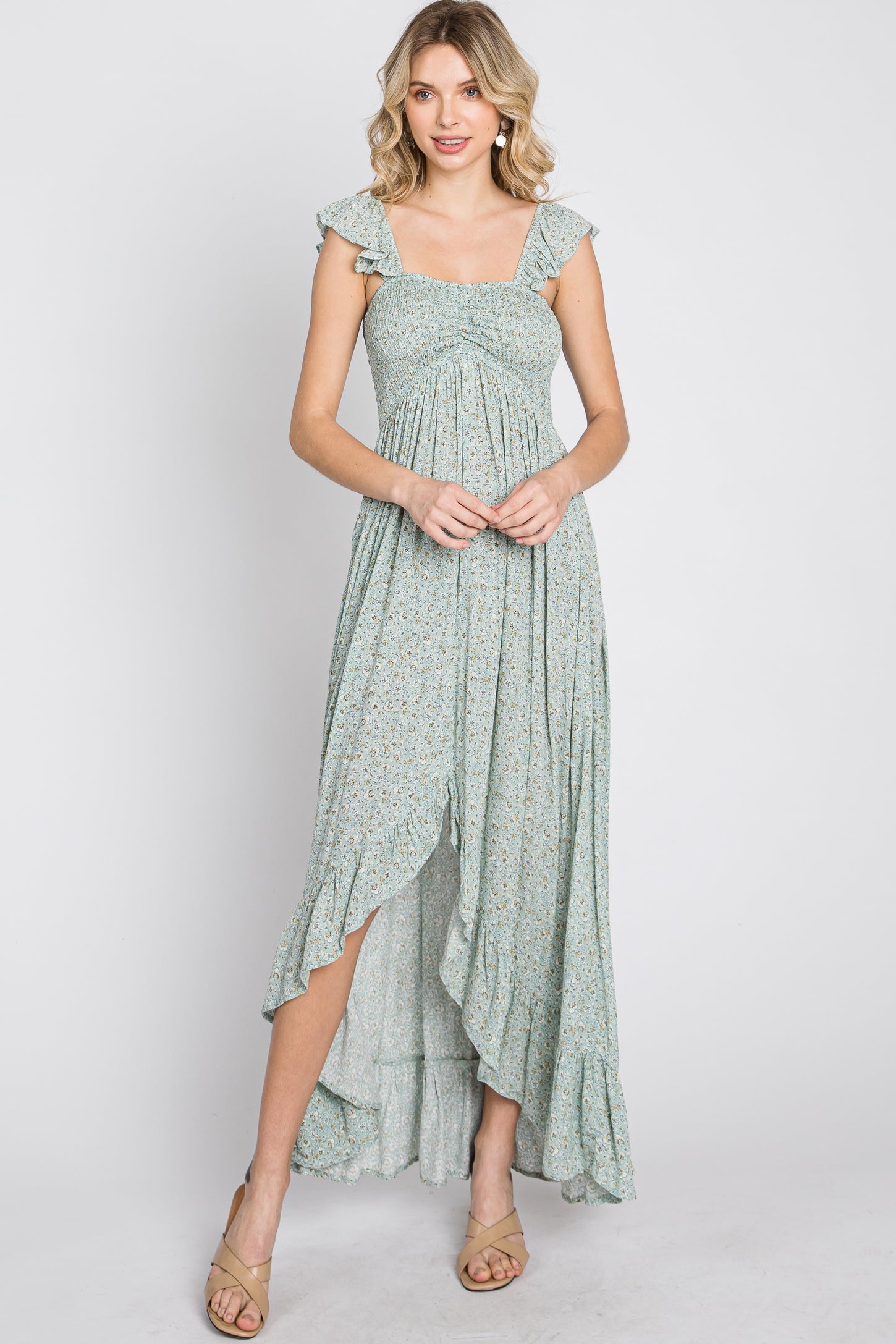 Sage Floral Smocked Hi-Low Maternity Maxi Dress PinkBlush Sage Floral Smocked Hi-Low Maternity Maxi Dress PinkBlush