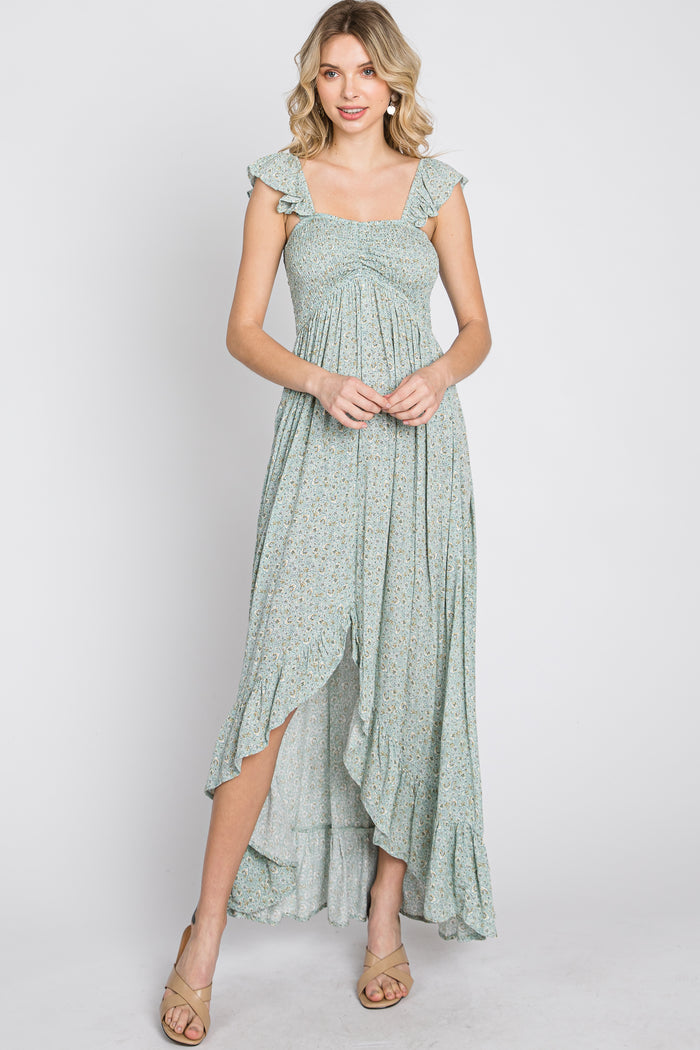 Sage Floral Smocked Hi-Low Maternity Maxi Dress
