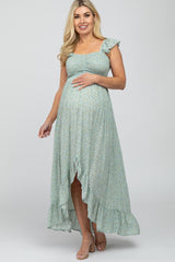 Sage Floral Smocked Hi-Low Maternity Maxi Dress