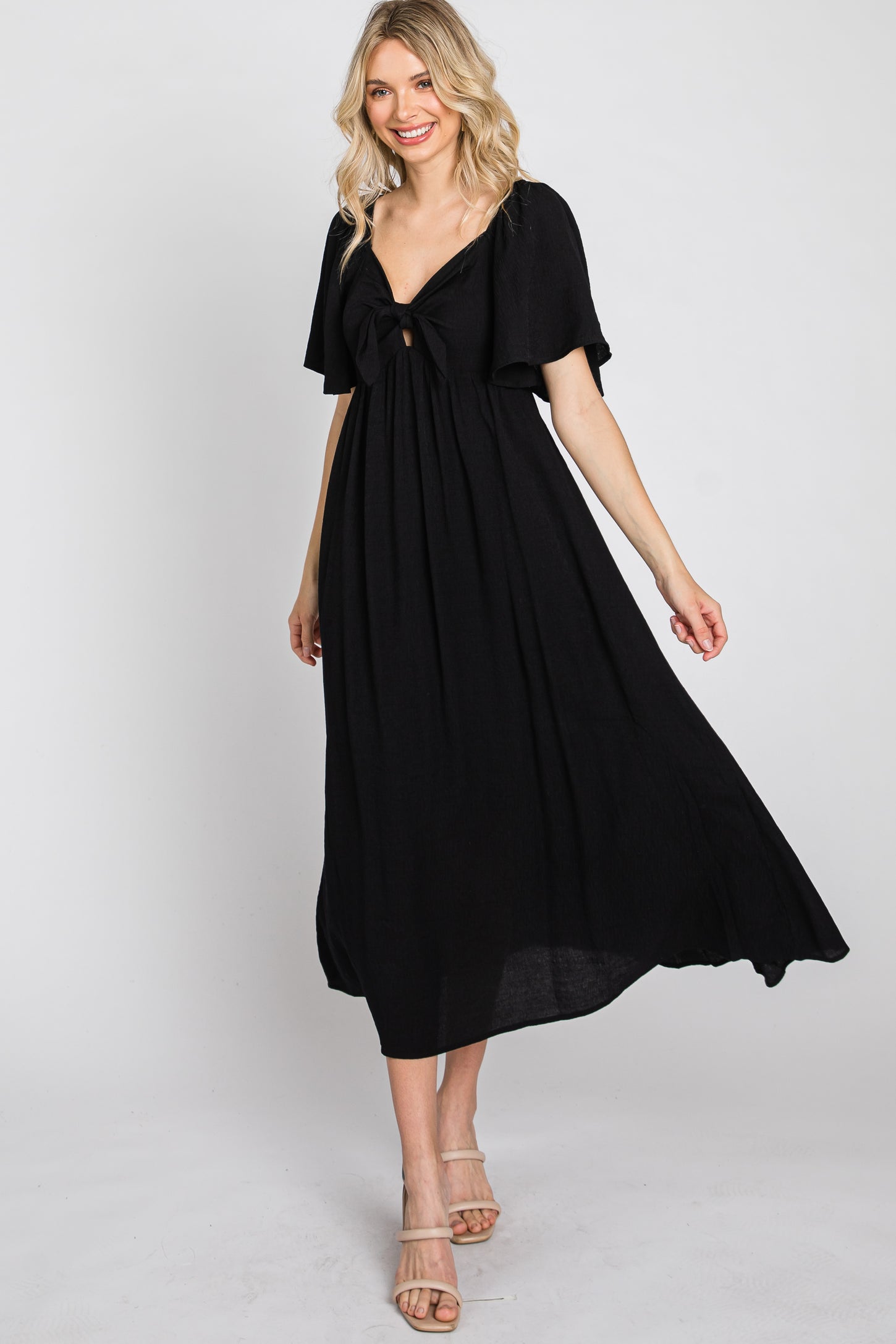 Black Front Tie Ruffle Sleeve Midi Dress