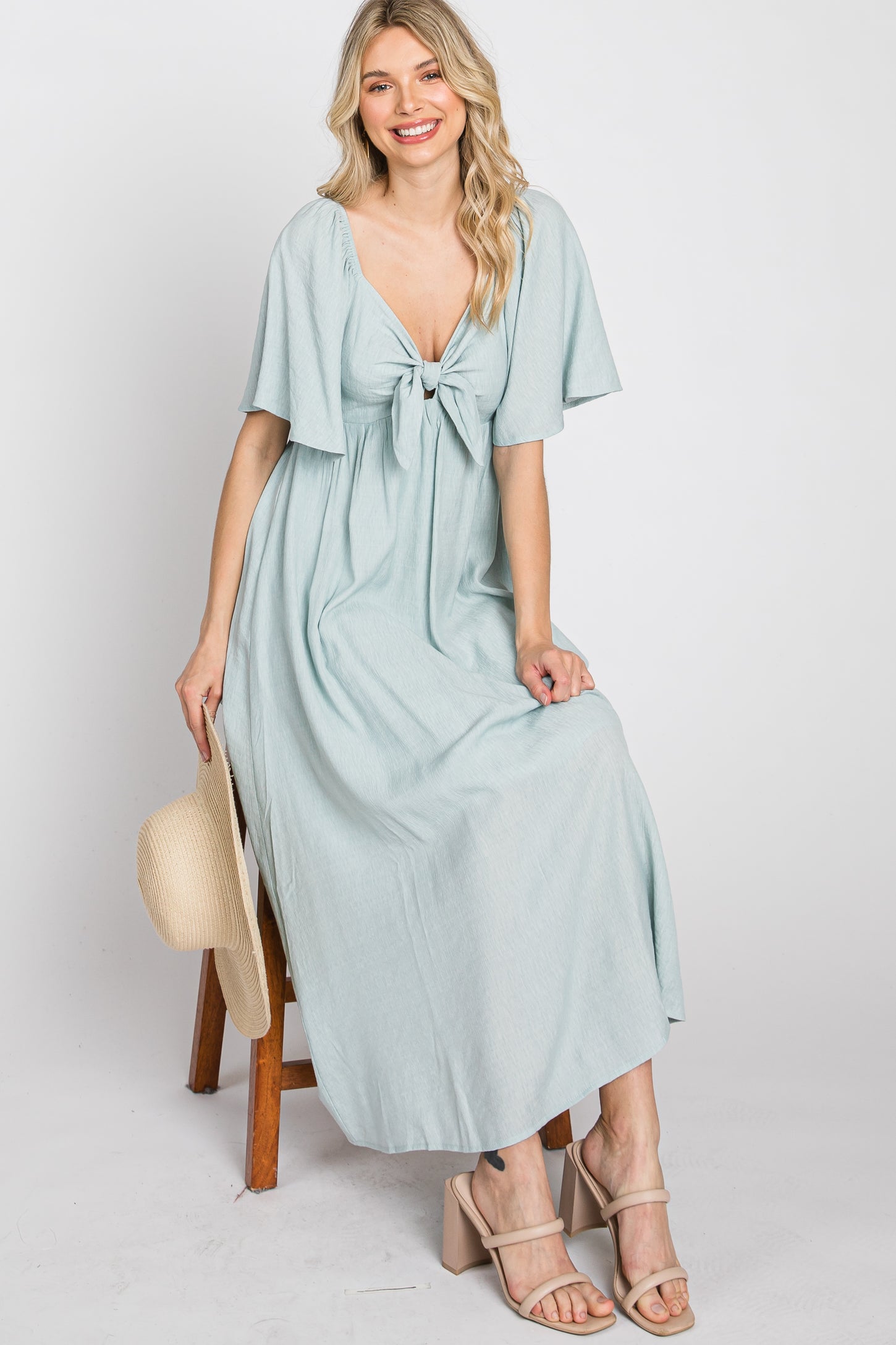 Light Blue Front Tie Ruffle Sleeve Midi Dress Medium