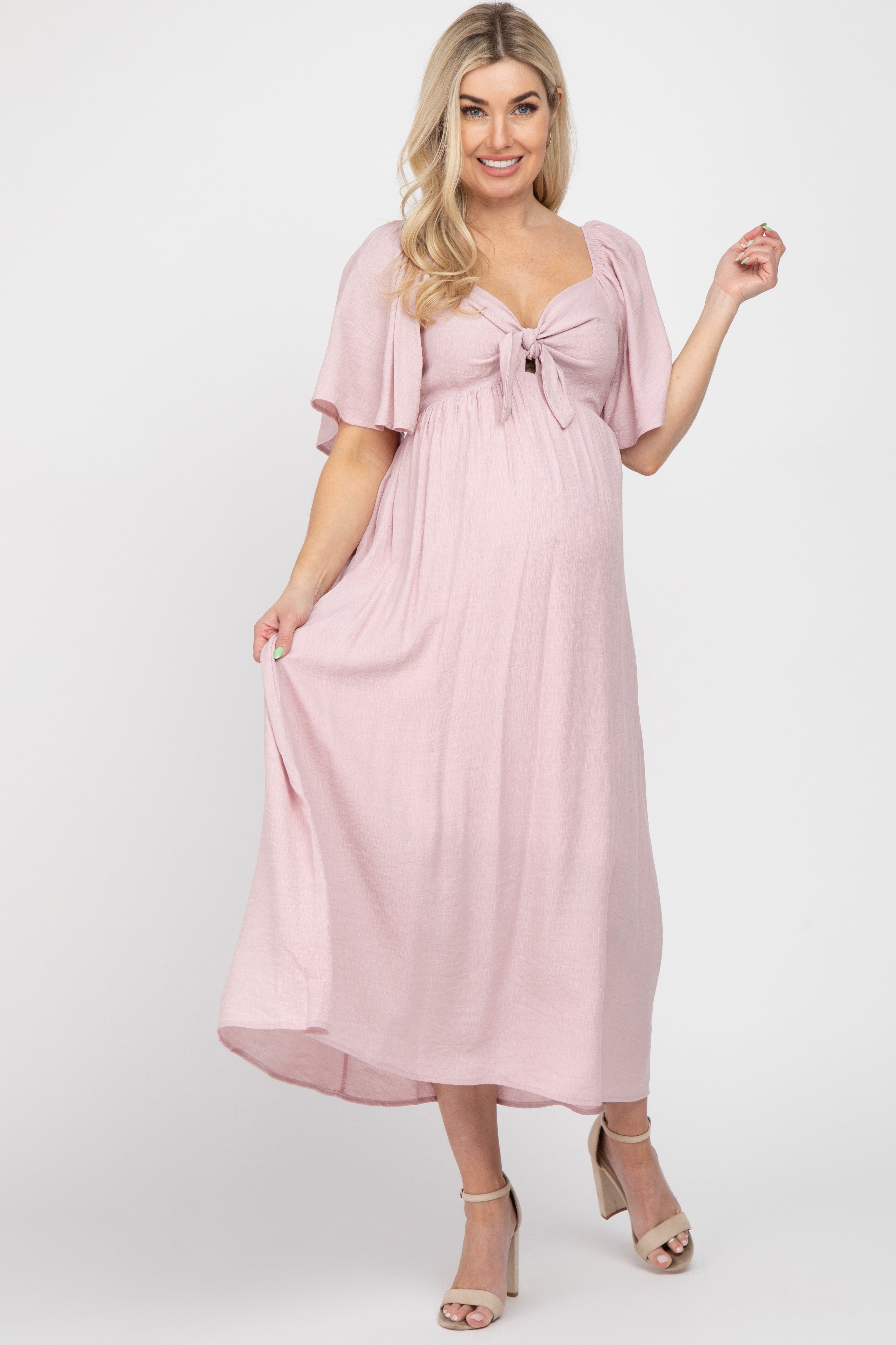 maternity dresses for pregnant women PinkBlush Light Pink Front Tie Ruffle Sleeve Maternity Midi Dress Medium