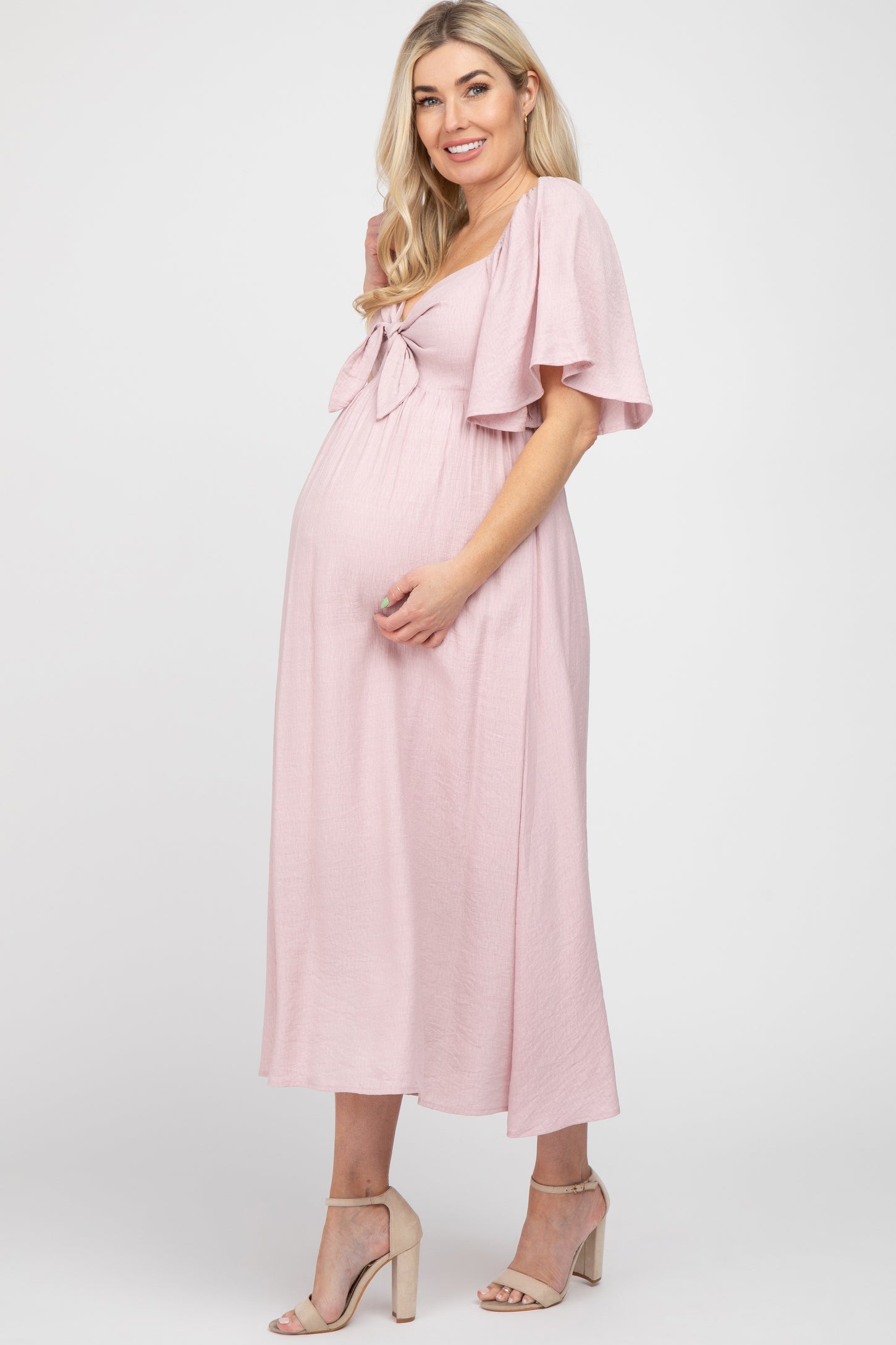 Pinkblush Light Pink Front Tie Ruffle Sleeve Maternity Midi Dress Medium