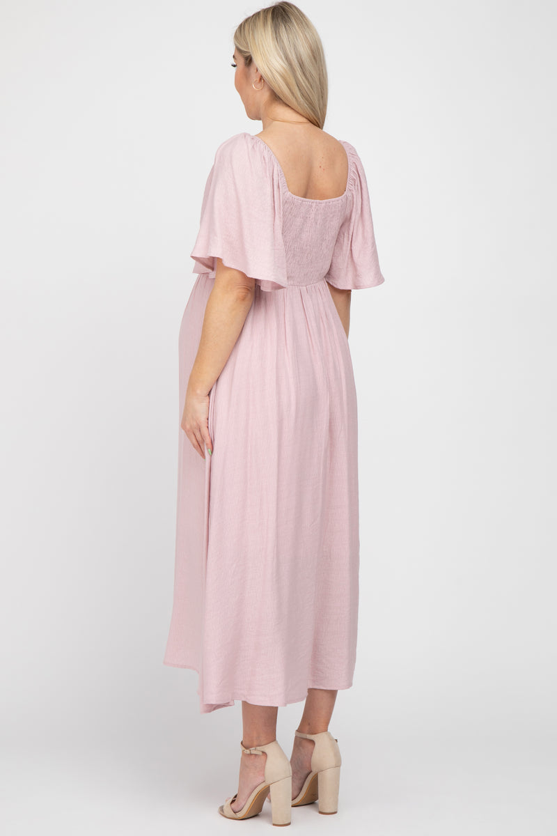 pink midi dress with sleeves Petal & Pup Women's Nova Flutter Sleeve 36.5 inches or 90 Pink Floral Tulle Overlay Midi