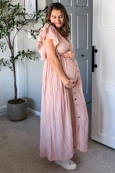 Light Pink Front Tie Ruffle Sleeve Maternity Midi Dress