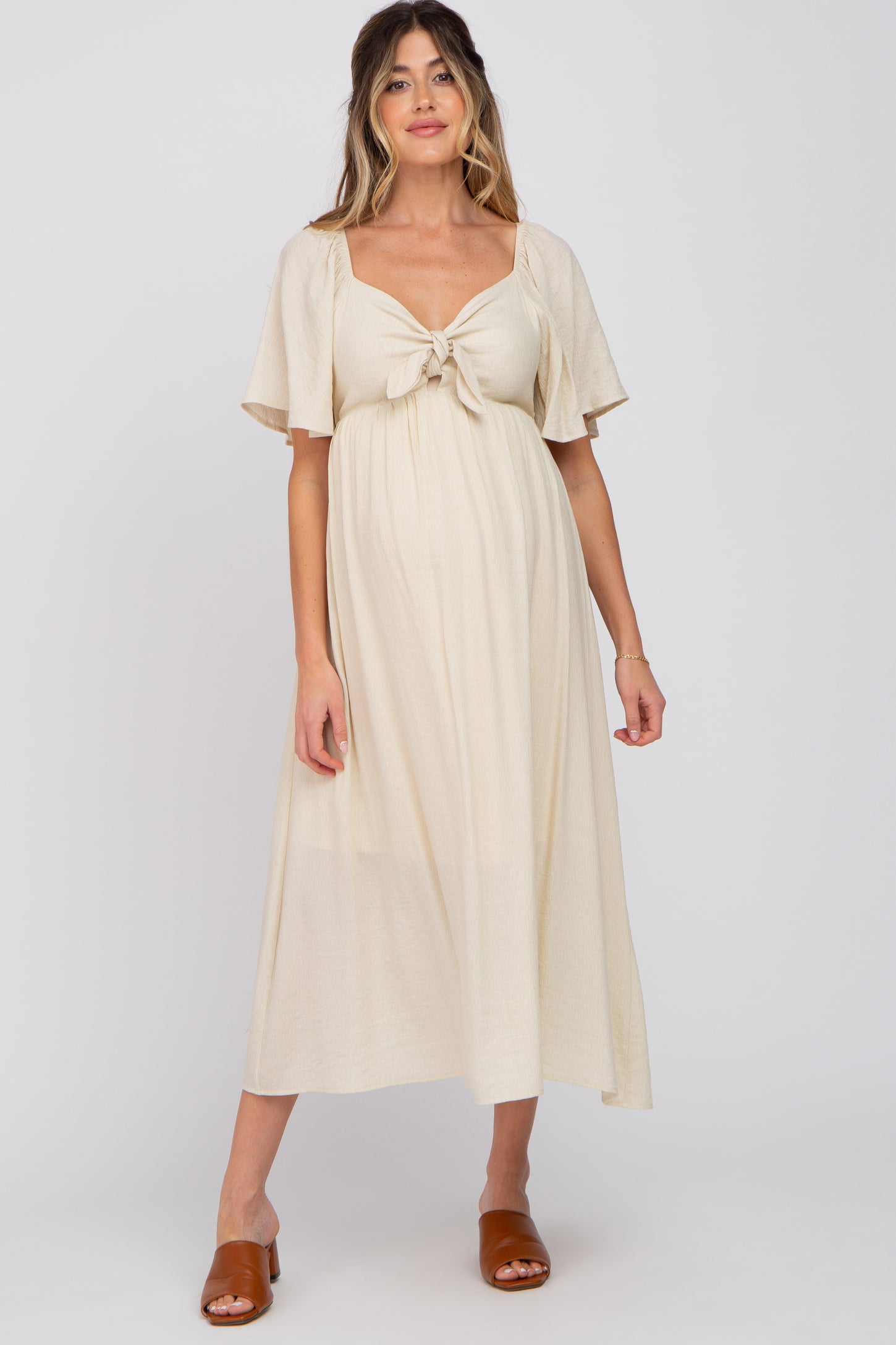 PinkBlush Beige Front Tie Ruffle Sleeve Maternity Midi Dress Large PinkBlush Beige Front Tie Ruffle Sleeve Maternity Midi Dress Large