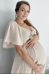 Beige Front Tie Ruffle Sleeve Maternity Midi Dress
