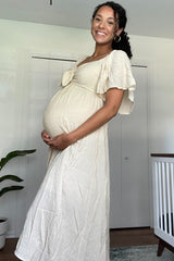 Beige Front Tie Ruffle Sleeve Maternity Midi Dress