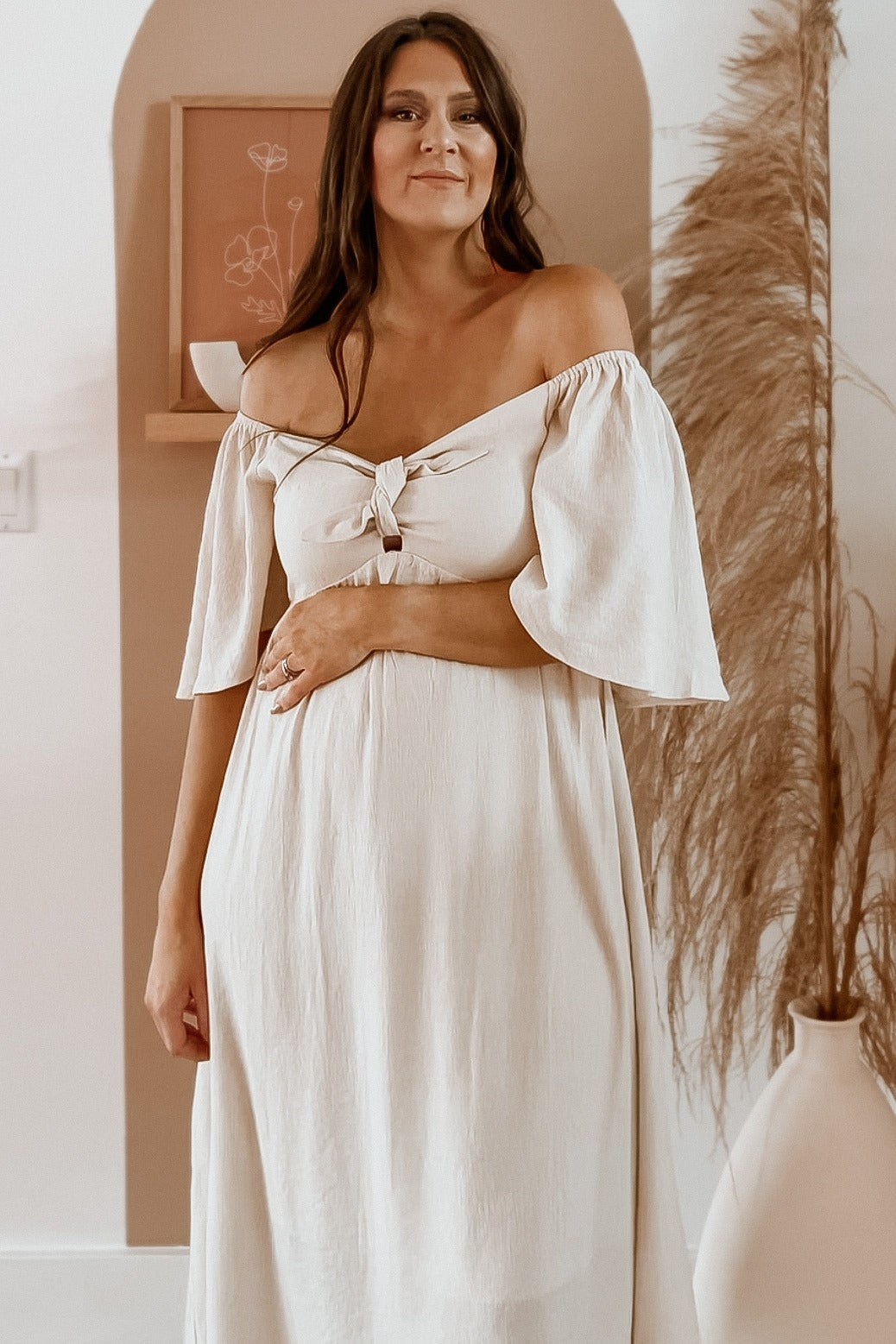 PinkBlush Beige Front Tie Ruffle Sleeve Maternity Midi Dress Small PinkBlush Beige Front Tie Ruffle Sleeve Maternity Midi Dress Small
