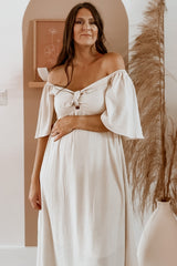 Beige Front Tie Ruffle Sleeve Maternity Midi Dress