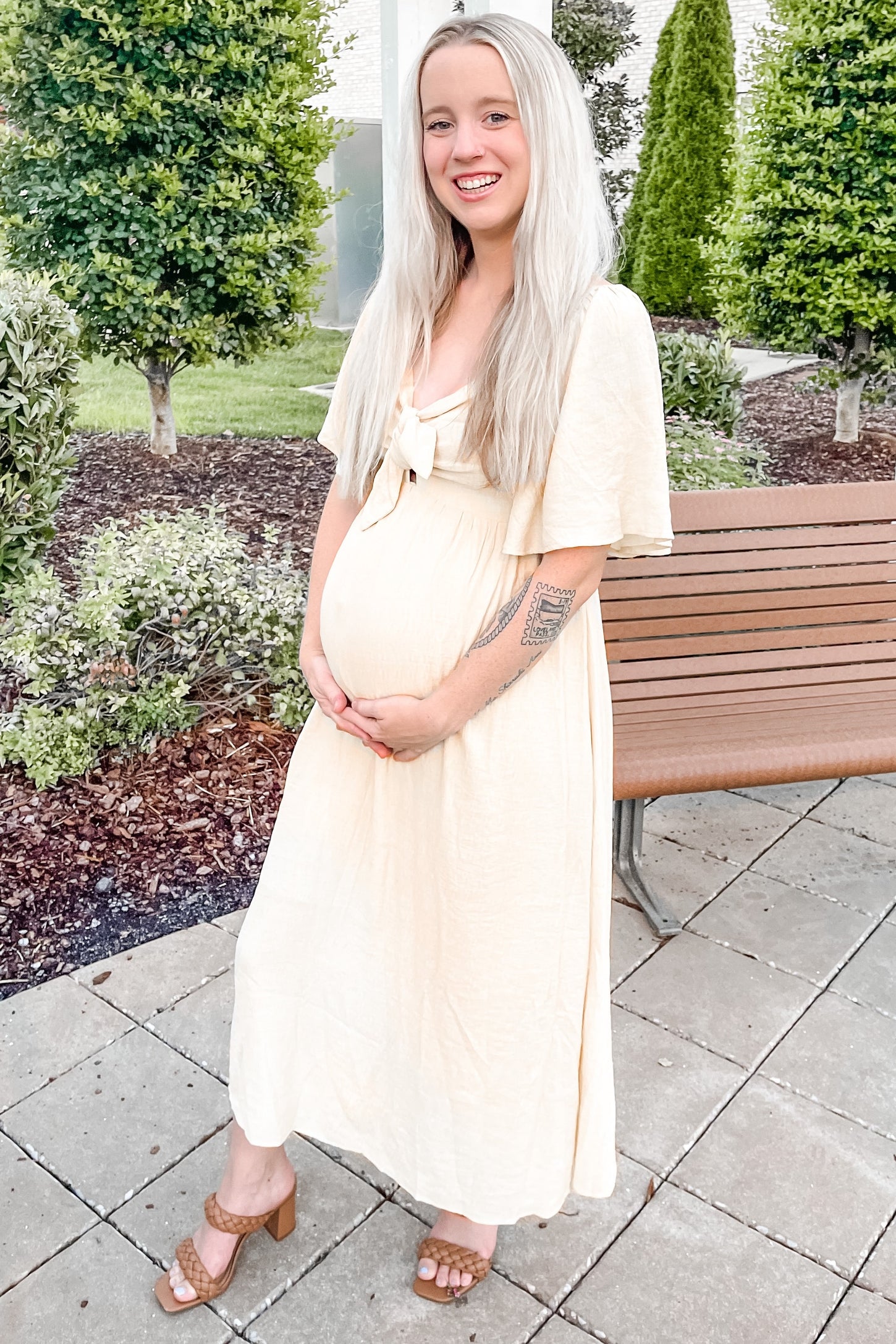 Beige Front Tie Ruffle Sleeve Maternity Midi Dress PinkBlush Beige Front Tie Ruffle Sleeve Maternity Midi Dress PinkBlush