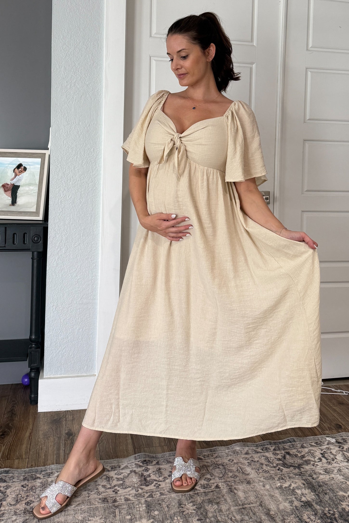 Beige Front Tie Ruffle Sleeve Maternity Midi Dress PinkBlush Beige Front Tie Ruffle Sleeve Maternity Midi Dress PinkBlush