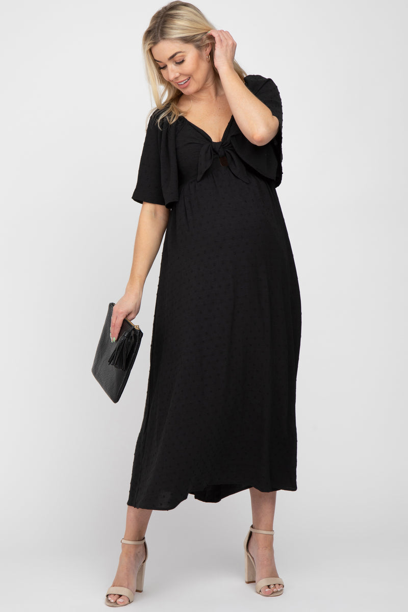 Black Textured Dot Front Tie Ruffle Sleeve Midi Dress