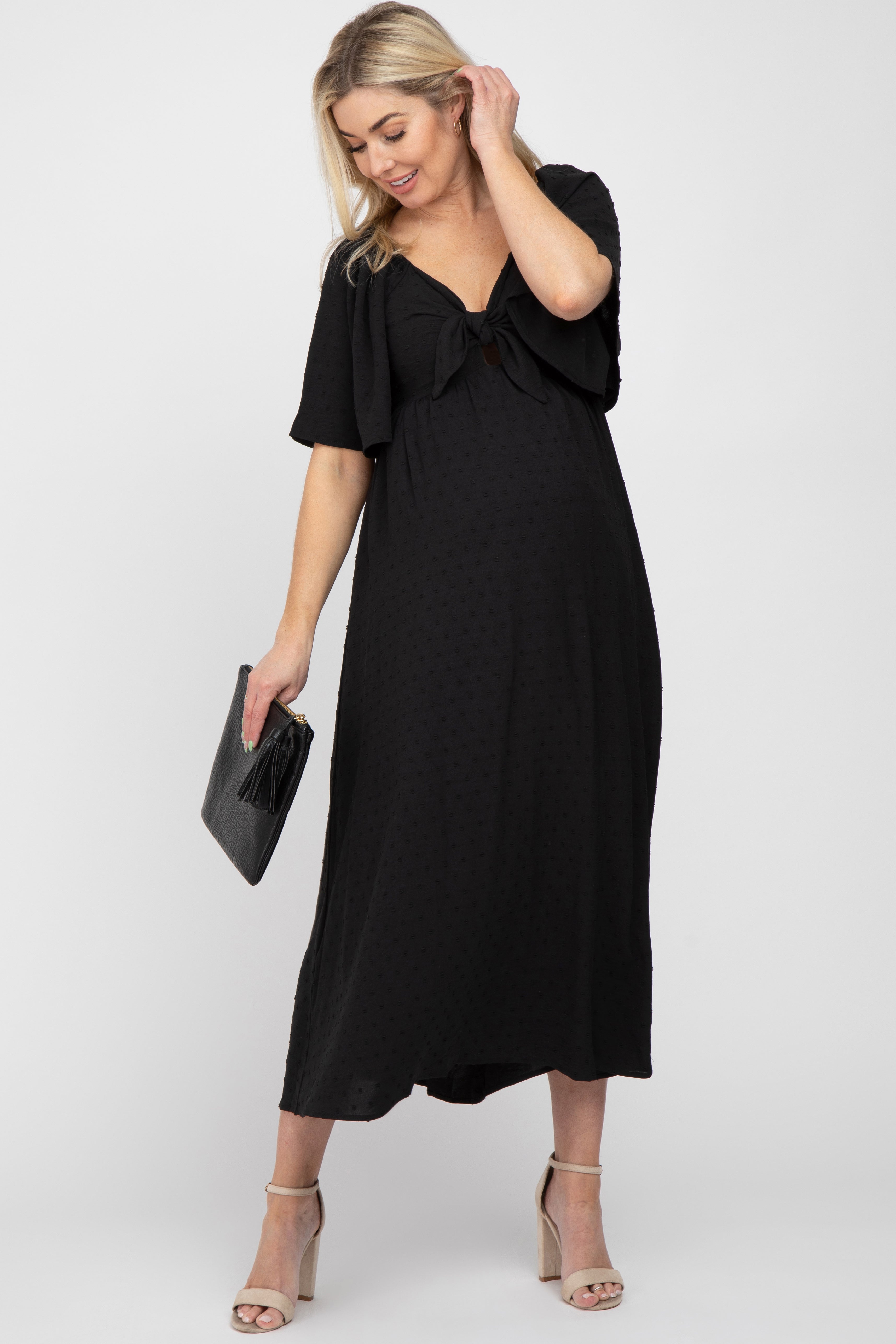 Black Textured Dot Front Tie Ruffle Sleeve Maternity Midi Dress Black Textured Dot Front Tie Ruffle Sleeve Maternity Midi Dress