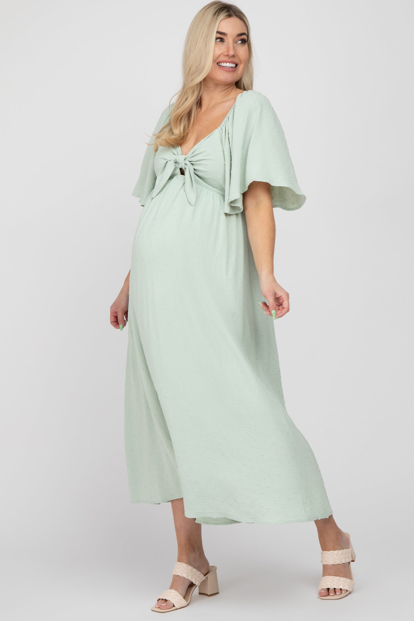 mint green midi dress with sleeves Hope & Ivy Plus embroidered wrap front sheer sleeve midi dress in mint green