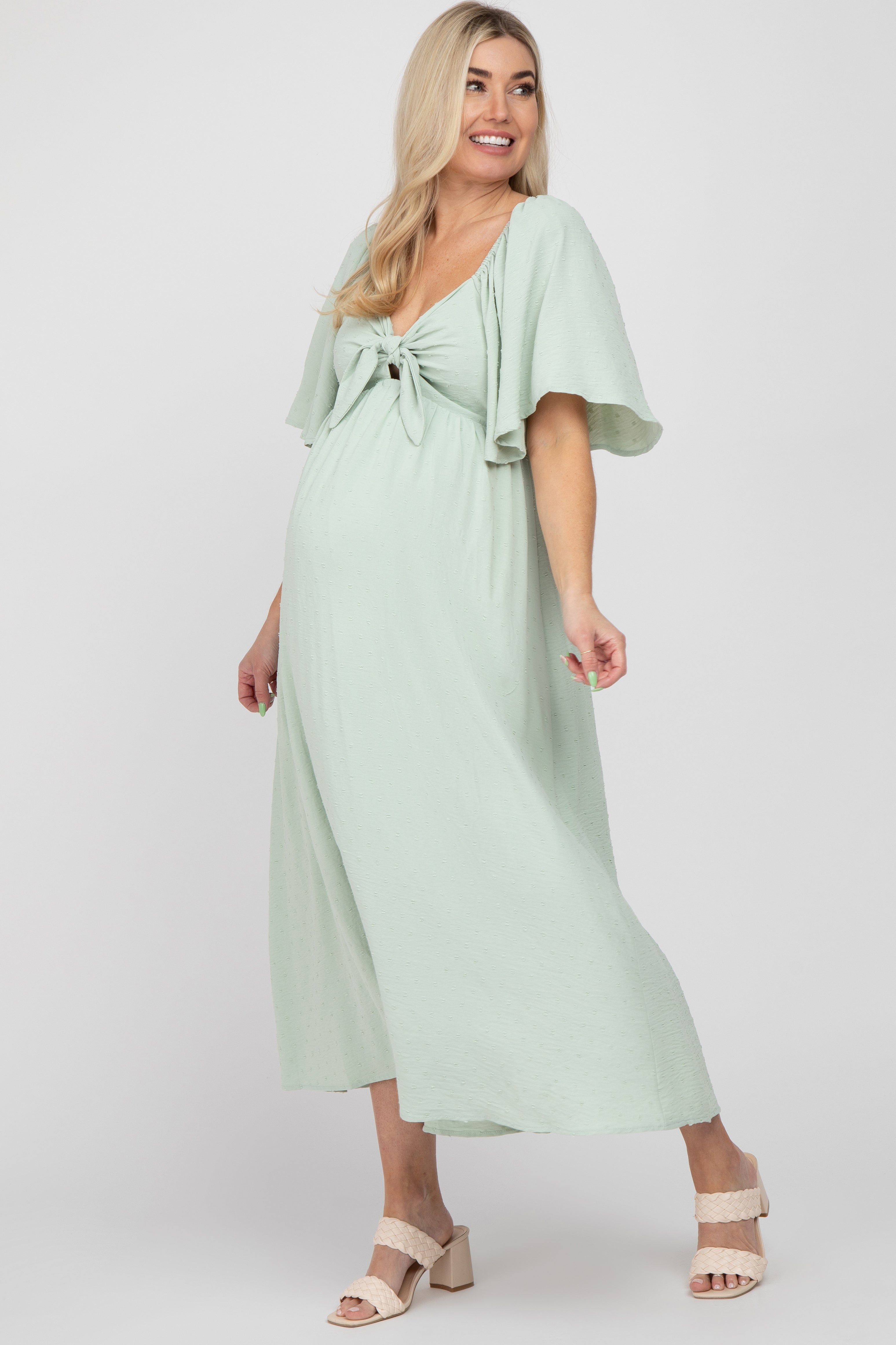 mint green maternity dress Mint Green Textured Dot Front Tie Ruffle Sleeve Maternity Midi Dress
