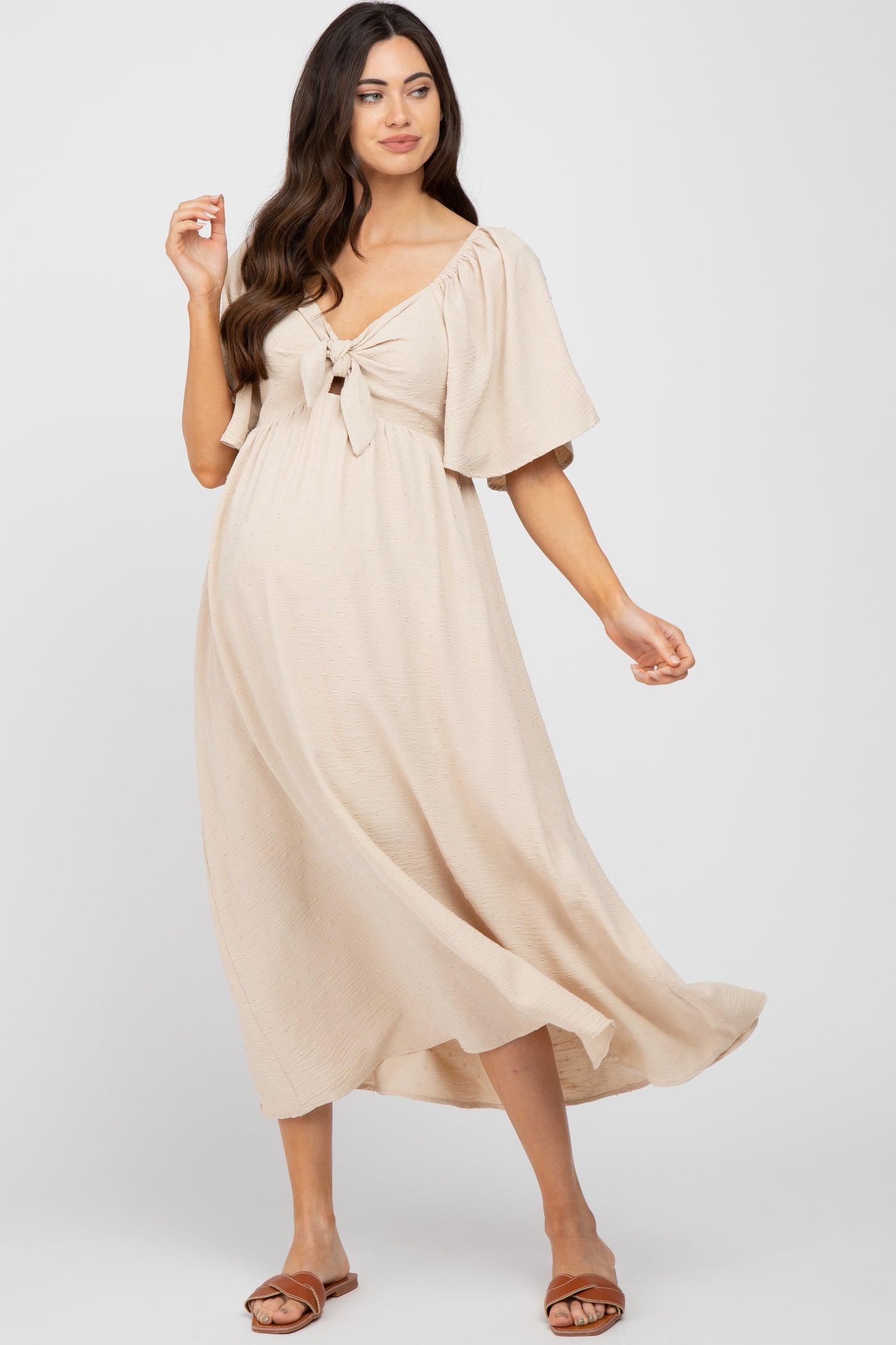 Beige Textured Dot Front Tie Ruffle Sleeve Maternity Midi Dress Beige Textured Dot Front Tie Ruffle Sleeve Maternity Midi Dress