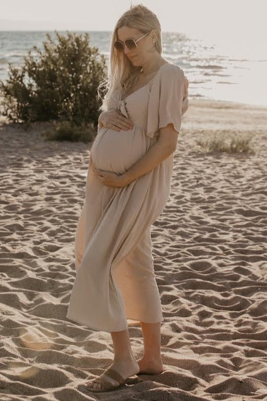 beige dress for pregnant women Textured Dot Front Tie Ruffle Sleeve Maternity Midi Maternity photoshoot dress