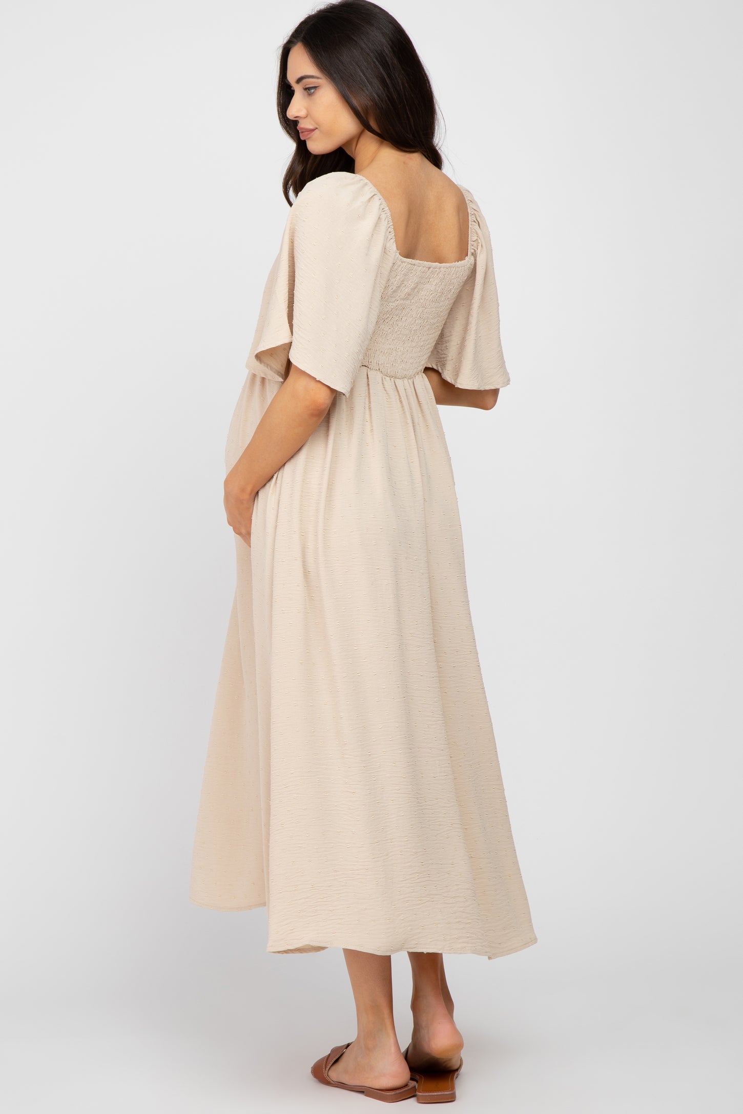 Beige Textured Dot Front Tie Ruffle Sleeve Maternity Midi Dress Beige Textured Dot Front Tie Ruffle Sleeve Maternity Midi Dress