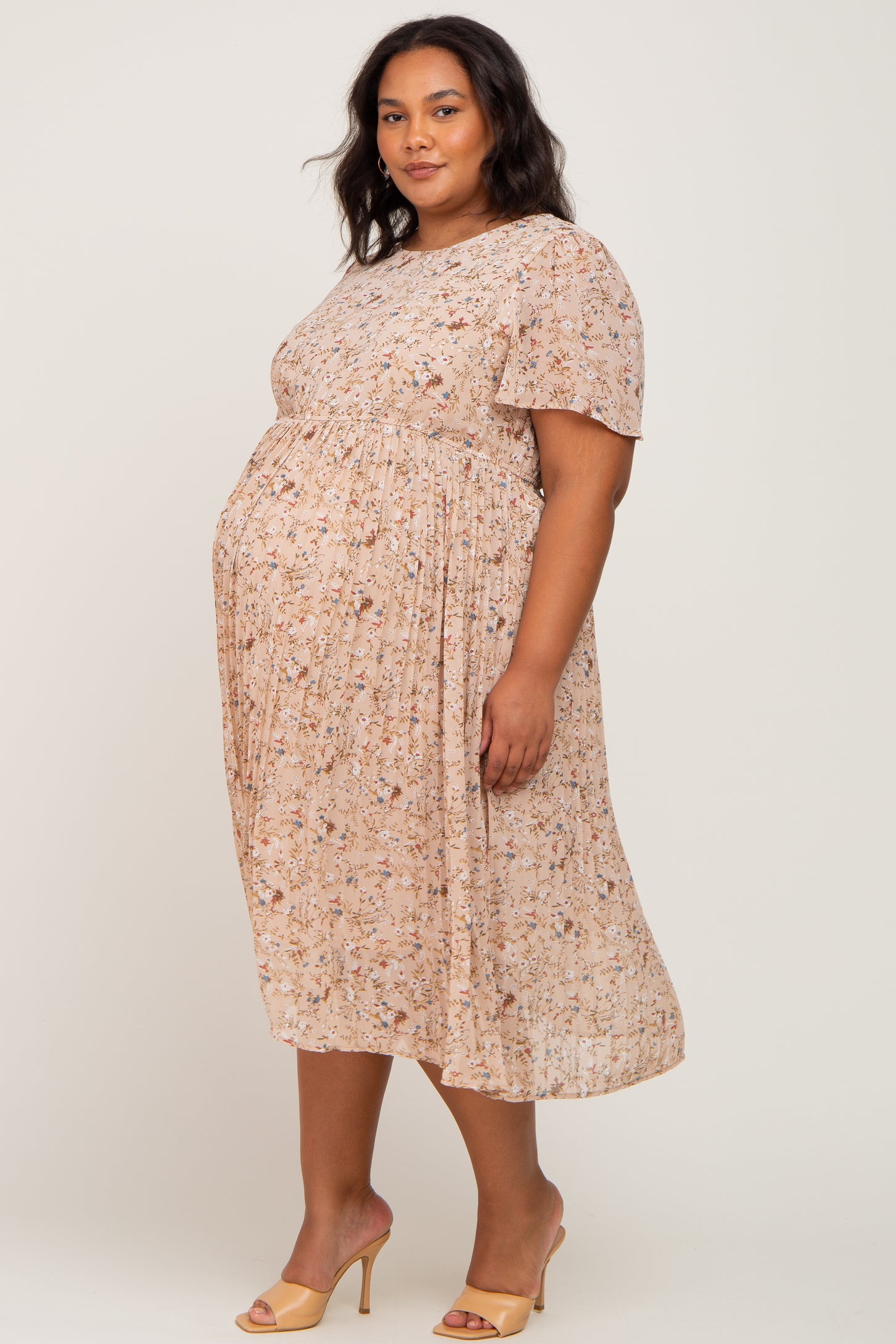 Beige Floral Pleated Chiffon Maternity Plus Midi Dress – PinkBlush