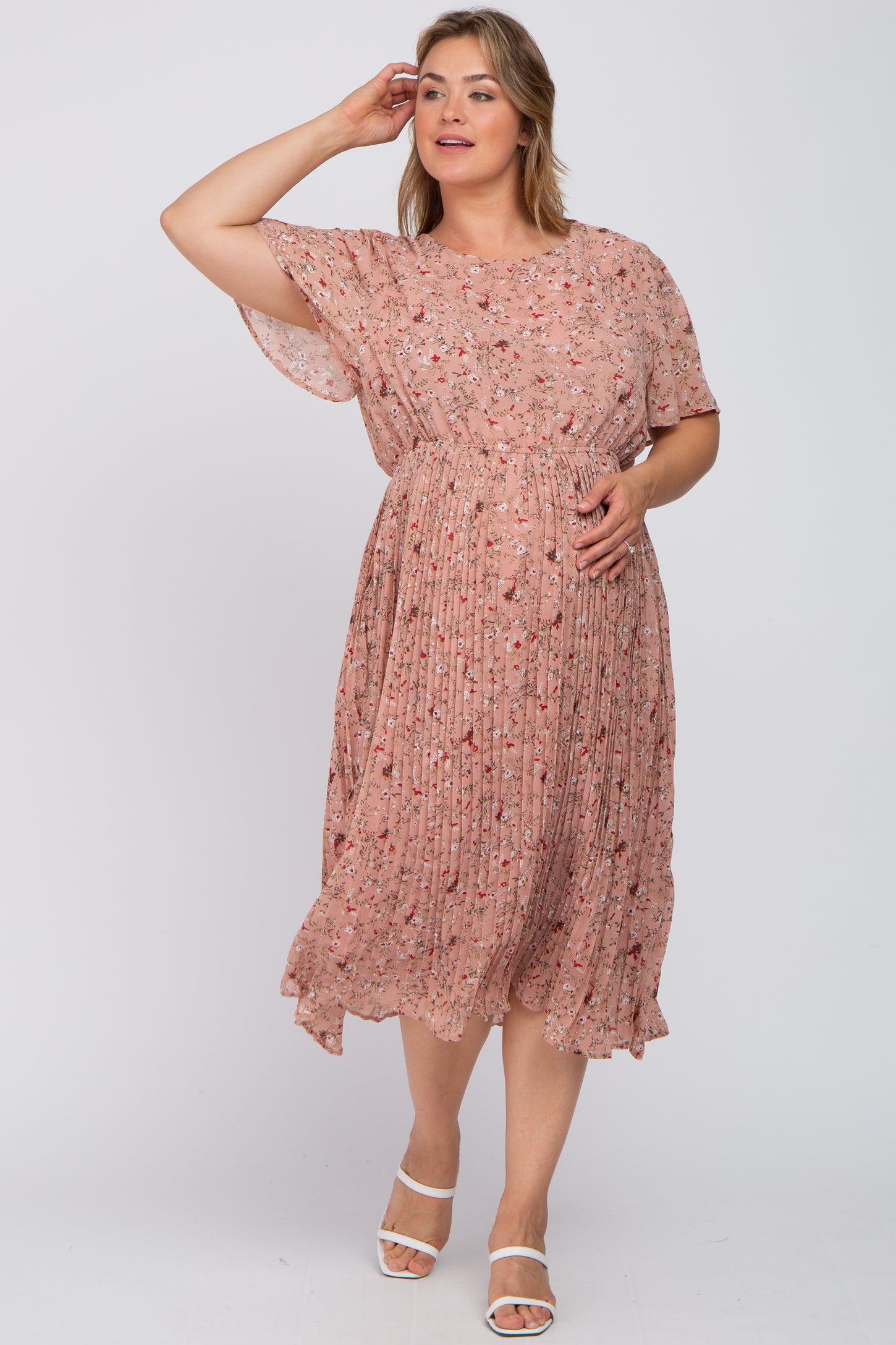 Light Pink Floral Pleated Chiffon Maternity Plus Midi Dress Light Pink Floral Pleated Chiffon Maternity Plus Midi Dress