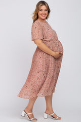 Light Pink Floral Pleated Chiffon Maternity Plus Midi Dress