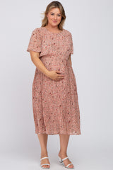 Light Pink Floral Pleated Chiffon Maternity Plus Midi Dress