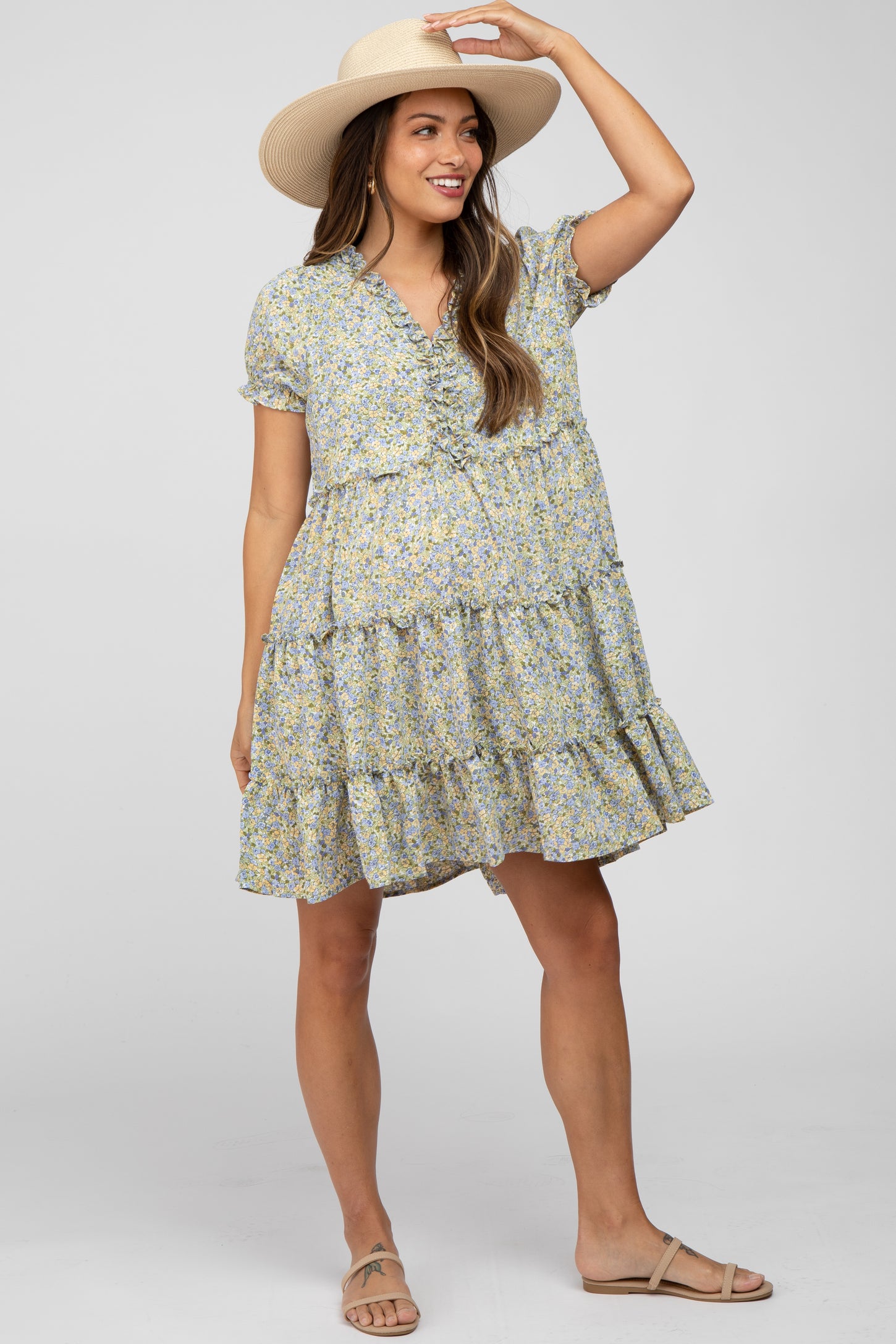 Mint Green Floral Ruffle Accent Tiered Maternity Dress – PinkBlush