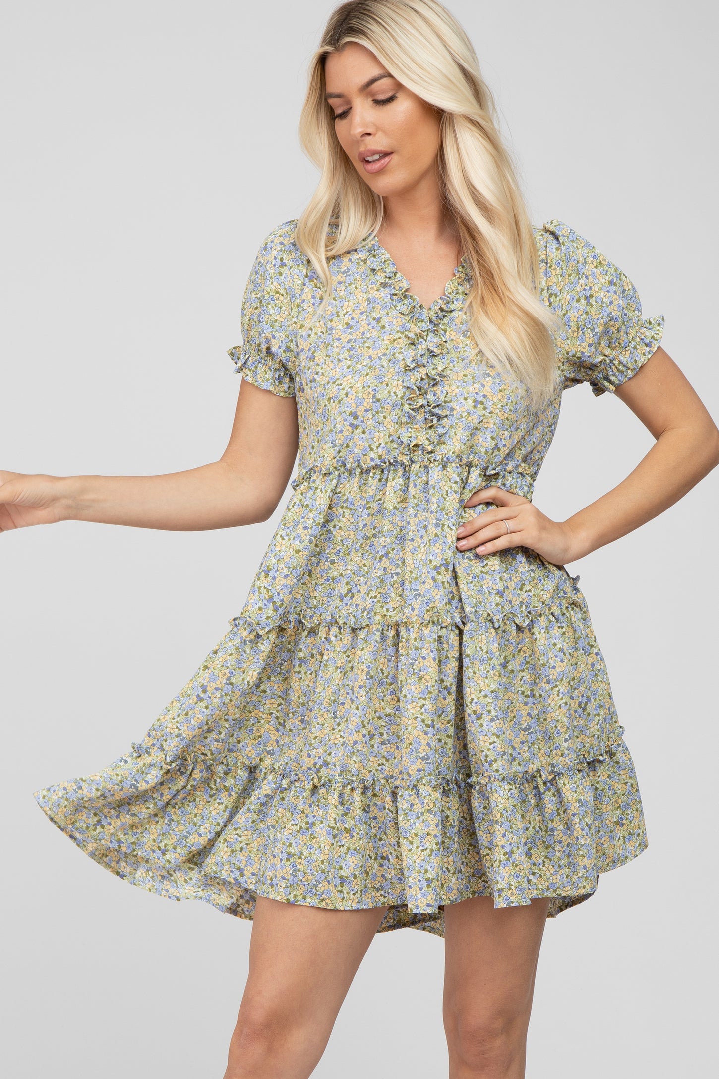Mint Green Floral Ruffle Accent Tiered Maternity Dress – PinkBlush