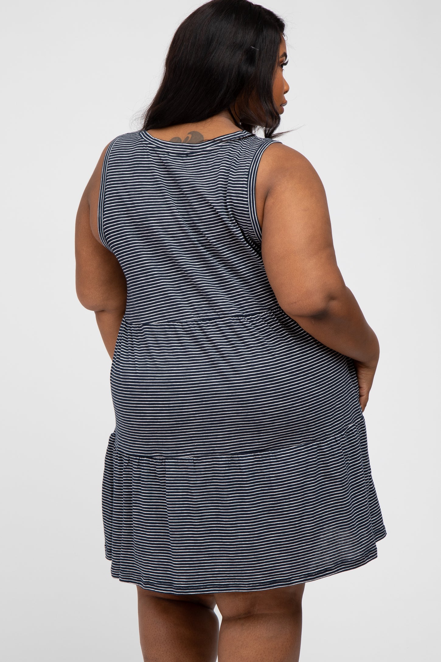 Navy Blue Striped Sleeveless Tiered Plus Dress