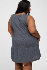 Navy Blue Striped Sleeveless Tiered Plus Dress
