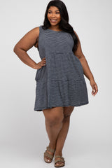 Navy Blue Striped Sleeveless Tiered Plus Dress