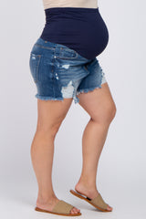 Navy Distressed Frayed Hem Plus Maternity Shorts