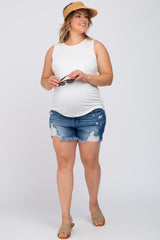 Navy Distressed Frayed Hem Plus Maternity Shorts
