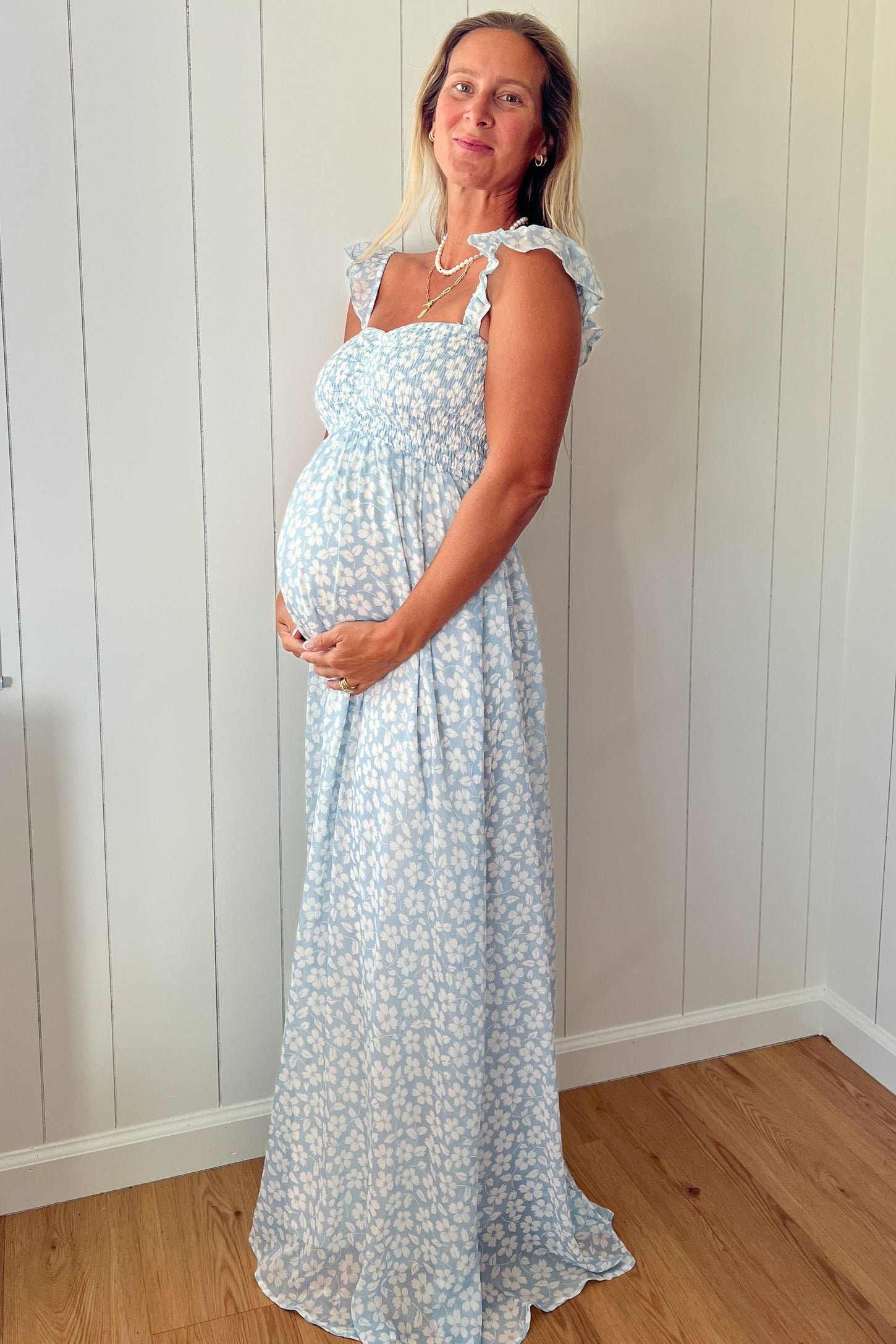 light blue chiffon maternity dress Dusty Blue Tulle Maternity Gown: Long Sleeve Photo Shoot Dress
