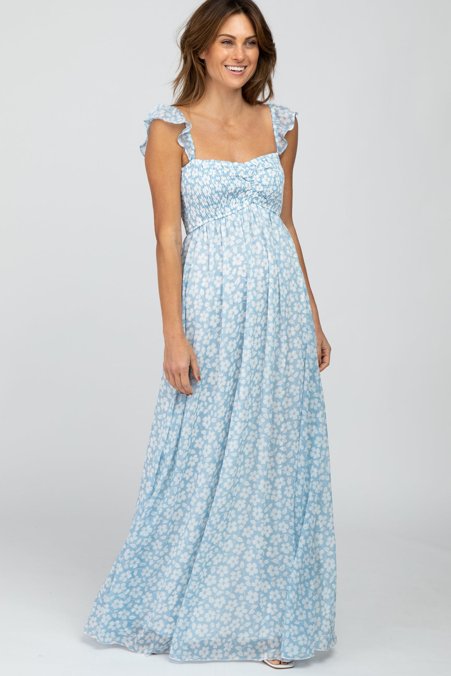 Pinkblush Light Blue Floral Chiffon Sweetheart Neck Off Shoulder Maternity Maxi Dress Medium