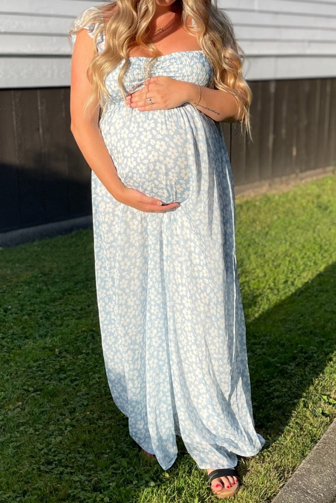 Pinkblush Maternity Light Blue Floral Chiffon Sweetheart Neck Off Shoulder Maxi Dress - Light Blue Pinkblush Maternity Light Blue Floral Chiffon Sweetheart Neck Off Shoulder Maxi Dress - Light Blue
