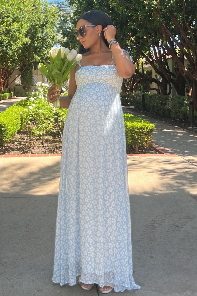 Pinkblush Light Blue Floral Chiffon Sweetheart Neck Off Shoulder Maternity Maxi Dress Small Pinkblush Light Blue Floral Chiffon Sweetheart Neck Off Shoulder Maternity Maxi Dress Small